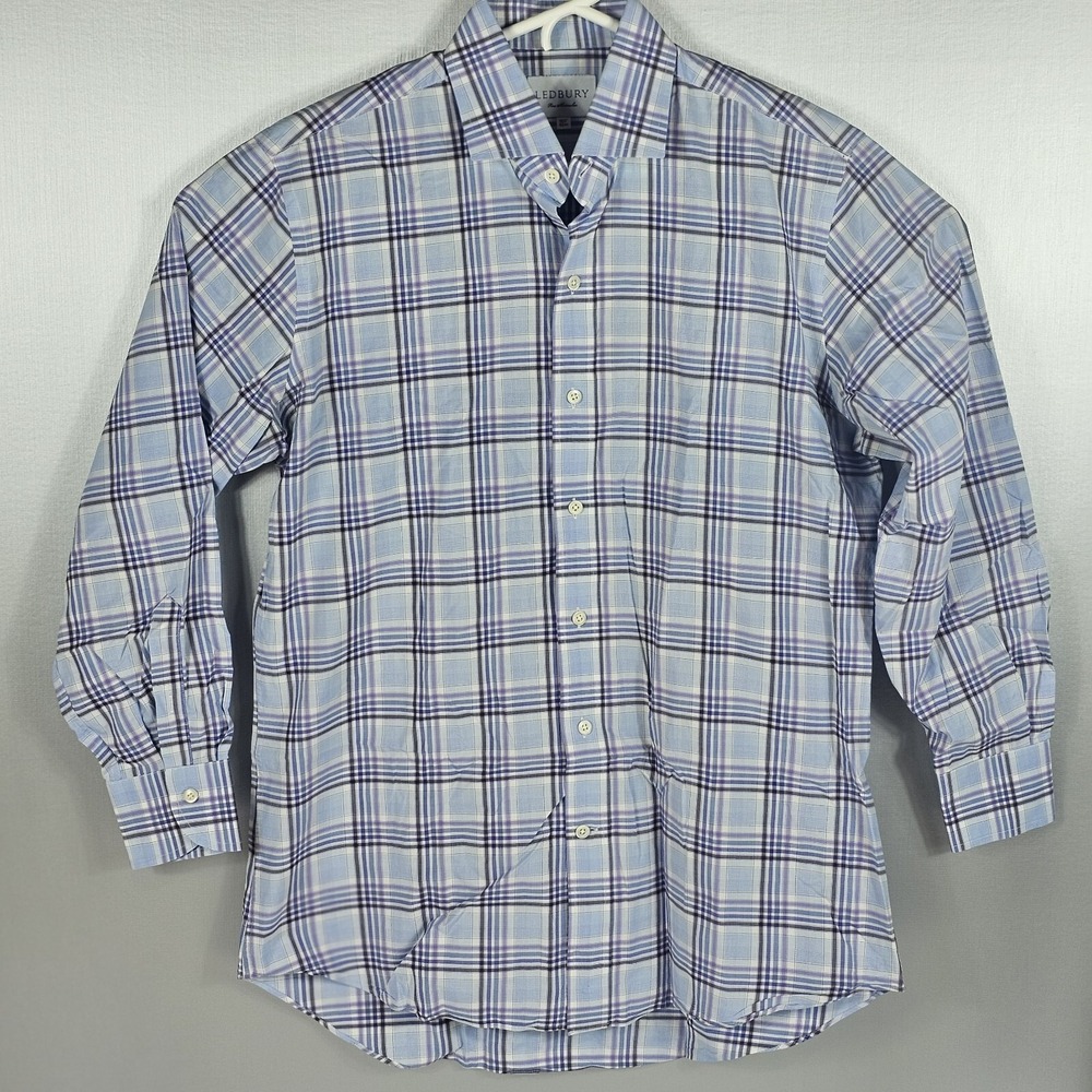 Ledbury Mens 16.5 Button Up Long Sleeve Blue Purple‎ Plaid  Shirt